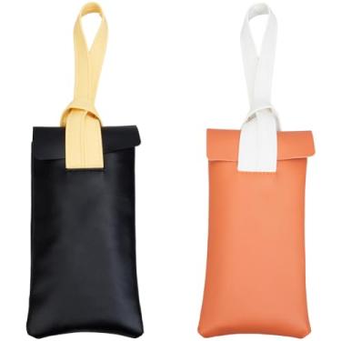 Imagem de CREATCABIN Bolsa de óculos de sol de couro PU, bolsa portátil para óculos de sol, bolsa fina e macia para viagem, leve, com cordão de pulso, presente para mulheres e homens, Natal, preto, laranja, 18
