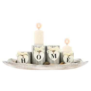 Imagem de Castiçais de madeira com bandeja, 4 peças, conjunto de castiçais para mesa de jantar, enfeite central para sala de estar, banheiro, casa de banho, presente de aquecimento