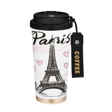 Imagem de STAYTOP Caneca de café com isolamento térmico Torre Eiffel de 500 ml, copo de café reutilizável de aço inoxidável com tampa flip à prova de vazamento à prova de vazamento para escritório, escola
