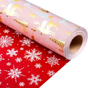 Imagem de Flyhill Rolo de papel de embrulho de Natal rosa reversível - alces metálicos e árvores de Natal com floco de neve vermelho para aniversário, feriado, festa - 43 x 10 m por rolo