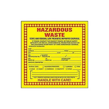 Imagem de Accuform Signs MHZWCAPSP Etiqueta de papel revestido com adesivo (California), etiqueta de resíduos perigosos, "RELÍGIOS PERIGOTIDOS - ESTADO E FEDERAL PROÍBIDO A DESPOSAL...", 15,24 cm de comprimento x 15,24 cm de largura, vermelho/preto/amarelo (pacote com 25)