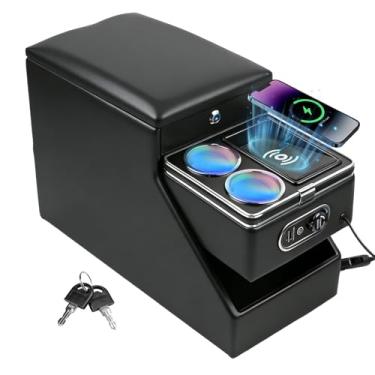 Imagem de Organizador de console central para minivans, SUVs e assentos de van do meio – Caixa de armazenamento bloqueável montada no chão com dois suportes de copo, luz ambiente de 7 cores e carregamento sem