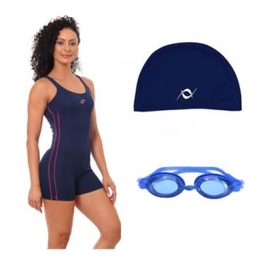 Imagem de Kit Macaquinho E Touca Helanca Natação Hidroginástica Com Óculos Uv (Marinho/Pink - Touca Marinho, M)