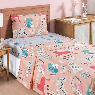 Imagem de Jogo Cama Lençol Fantasy Solteiro Cama Quarto Infantil Microfibra 3 Peças Gatinha Rosê