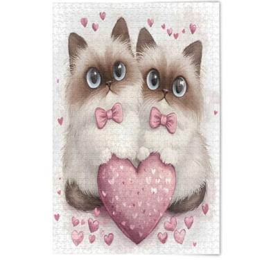 Imagem de Jigsaw Puzzle 500 Pieces Adult Animal Painting Decor Cute Siamese Cats Heart Pink Difficult Jigsaw Puzzles Funny Game Tech Gifts, 500 Pieces, 20.5" x 14.9"