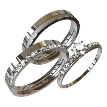 Imagem de Par De Alianças Em Prata 5mm Trilho De Pedras + Solitário - Vieira Cru