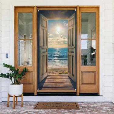 Imagem de WOOHOOROO Capa de porta suspensa falsa porta aberta vista mar luz do sol faixa de fundo placa de festa decoração para varanda/quintal/jardim 90 x 180 cm