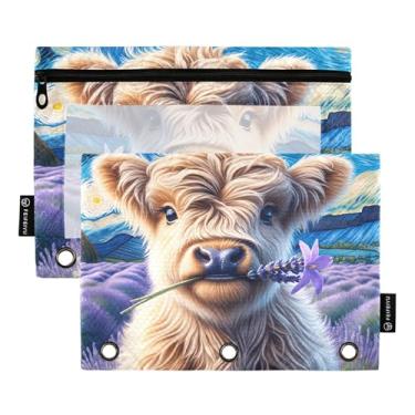 Imagem de GAIGEO Estojo para lápis Highland Cow Lavender Starry Night Pencil Pouch 3 anéis, fichário com zíper, fichário macio, transparente, estojo para canetas, estudantes escolares, 25 x 18 cm, 2 pacotes
