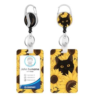 Imagem de Porta-crachá de identificação de flor de gato preto com clipe floral carretel retrátil resistente, chaveiro, cartão de identificação para mulheres, enfermeiros, professores, funcionários de escritório