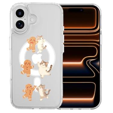 Imagem de MAYCARI Capa de telefone de Natal para iPhone 17 compatível com ímã de gengibre homem gato capa magnética transparente para meninas mulheres TPU capa protetora à prova de choque para Apple 17 6,3