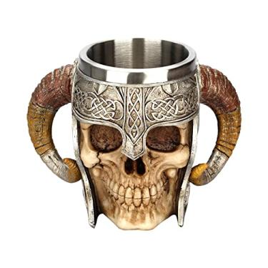 Imagem de Caneca de Cerveja com Cabeça Caveira Duas Alças Copo Aço Inoxidável para Escritório Lar Restaurante Presente Halloween