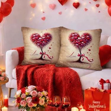 Imagem de HOMETITUTE Conjunto de 2 capas de almofada para o dia dos namorados 45,7 x 45,7 cm fita decorativa macia coração árvore amor tema romântico cetim capas de almofada para sofá cama decoração de casa