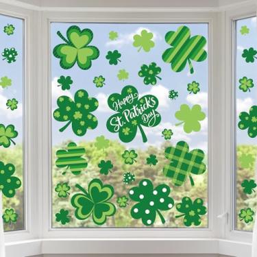 Imagem de 3 folhas extra grandes adesivos de janela do dia de São Patrício trevo verde frente e verso reutilizáveis adesivos de janela trevo da sorte para decoração de vidro de festa de primavera irlandesa casa