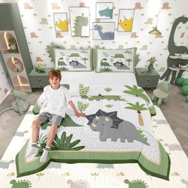 Imagem de Jogo de cama solteiro fofo de dinossauro, desenho animado, dinossauro, selva, dinossauro, decoração de quarto de meninos e meninas, folhas de palmeira verde, planta, dupla face, enchimento interno com