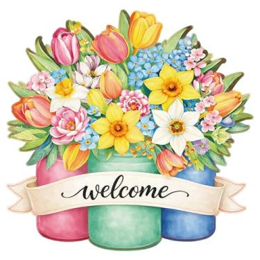 Imagem de HEYINSHEN Guirlanda de flores de boas-vindas de madeira para porta da frente, guirlandas de flores rosa de boas-vindas, flores coloridas, guirlandas, sinal de boas-vindas rústico, para primavera