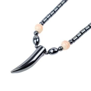 Imagem de Colar Feminino Pedra Natural Hematita Dente Marfim 40 cm - Lua Mística