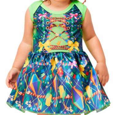 Imagem de Vestido Bebe Festa Junina Menina Azul e Verde com Balões Roupa Caipira