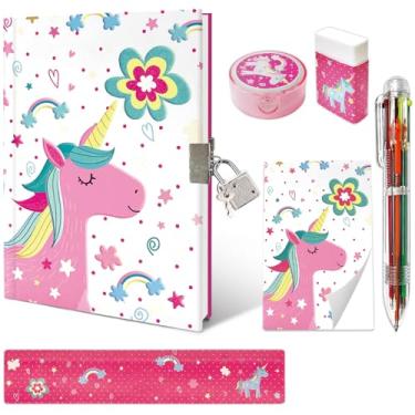 Imagem de Diário para meninas com cadeado, conjunto de papelaria infantil para adolescentes pré-escolares aprendendo a escrever desenho idade 6,8,10,12 anos presente de unicórnio com caderno bloco de notas seis réguas multicoloridas apontadoras de caneta apagador