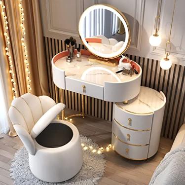 Imagem de Conjunto de penteadeira com espelho iluminado por LED, penteadeira de maquiagem com mesa de cabeceira móvel e 4-5 gavetas, brilho ajustável de luz de 3 cores, oferta para decoração de quarto de casa