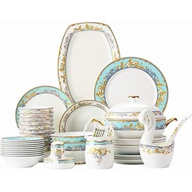Imagem de Conjuntos de louça de porcelana, conjuntos de pratos de porcelana óssea, tigelas/pratos de sobremesa/pratos de jantar/panela/pires, serviço Prime para 10 (tamanho: 56 peças) (OneColor 60 peças)