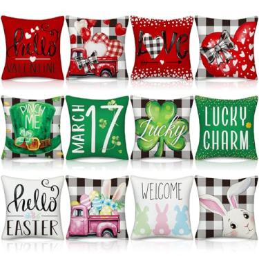 Imagem de VitalCozy 12 capas de almofada de dia dos namorados Dia de São Patrício Páscoa 45,7 x 45,7 cm, fronhas xadrez búfalo, lembrancinhas de festa, decoração de sofá-cama