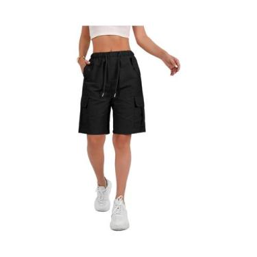 Imagem de Bermuda Cargo Feminina Comprimento Até O Joelho 6 Bolsos Cintura Elást