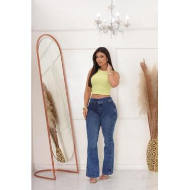 Imagem de Calça Jeans Feminina  Flare Boca Sino Legging Cós Alta Lycra do 40 ao 