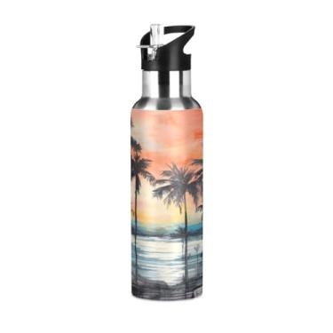 Imagem de Burbuja Garrafa de água de aço inoxidável com pintura de palmeira, garrafas de água isoladas a vácuo com tampa de canudo para esportes, academia, escola - à prova de vazamento e suor, sem BPA, 590 ml