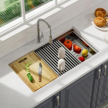 Imagem de DeerValley Estação de trabalho para pia de cozinha de 76 x 45 cm - Pia de tigela única de aço inoxidável calibre 18, feita à mão com acessórios embutidos, design de borda e tábua de corte