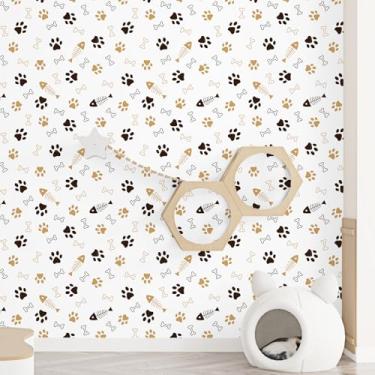 Imagem de EPPKILY Papel de parede dourado e marrom, adesivos com estampa de pata para cães e ossos de peixe, papel de contato vintage, papel de parede autoadesivo com estampa animal para berçário, quarto