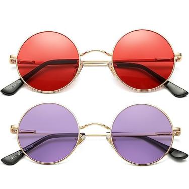 Imagem de AIEYEZO Óculos de sol redondos retrô para homens e mulheres óculos de sol polarizados modernos vintage pequenos óculos de sol redondos, Pacote com 2 (ouro/vermelho oceano + ouro/roxo claro), MM