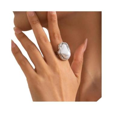 Imagem de Anel Aberto Ajustável Feminino Lacteo Punk Semi Barroco Com Pérolas De