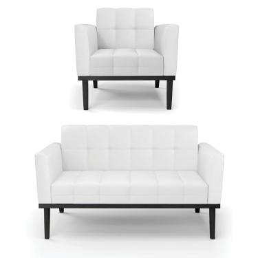 Imagem de Conjunto Poltrona e Namoradeira Decorativa Karen Pés Fixo em Madeira Preto PU Branco G19 - Gran Belo