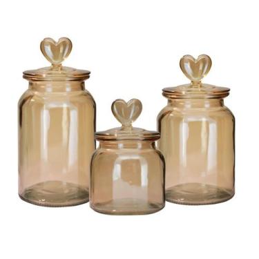Imagem de Kit Pote Vidro Âmbar Decor Afeto Coração 3pç 650ml, 1L e1,3L - Yangzi