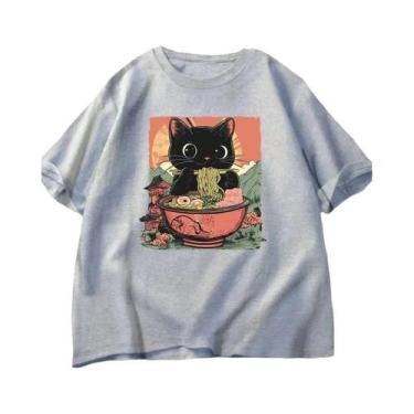 Imagem de Camiseta Feminina Casual De Manga Curta Com Estampa De Gato Preto Fofo