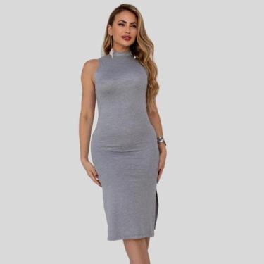 Imagem de Vestido Midi Acinturado Estilo Básico Com Fenda Lateral Regata Tubinho