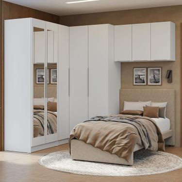 Imagem de Quarto Completo de Canto Solteiro 415 cm Guarda-Roupa com Espelhos Branco Neo Madesa 02