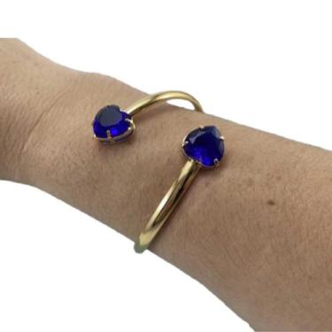 Imagem de Bracelete Ondulado Dois Corações De Vidro Azul Safira Folheado A Ouro 