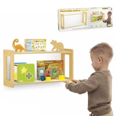 Imagem de Prateleira Dupla Infantil Montessori Junges Organizador Livros Brinquedos Pelucia Estante Madeira Quarto Bebe Multiuso