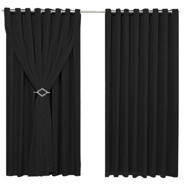 Imagem de Cortina Blackout 4,00m X 2,60m Sala Quarto Tecido Com Voil + Presilha Moderna -Preta