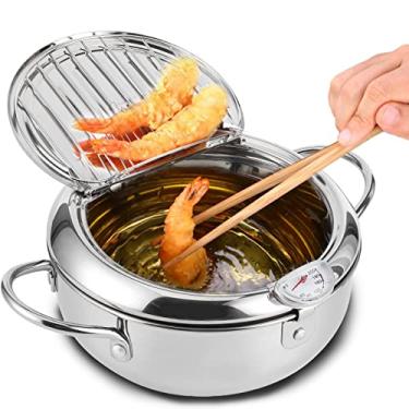 Imagem de Frigideira de aço inoxidável, panela pequena com termômetro escorredor de óleo para batatas fritas, camarão, frango