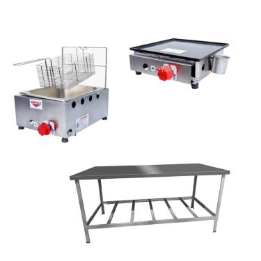 Imagem de Kit Lanchonete Mesa de Manipulação 190x70cm + Fritadeira a Gás 1 Cuba + Chapa a Gás 30cm Alcamar