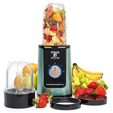 Imagem de Moss & Stone Liquidificador MiniSmoothie, liquidificador pessoal compacto com copos adicionais em forma de bala para bebidas congeladas, copos portáteis com tampas, máquina de suco e smoothie
