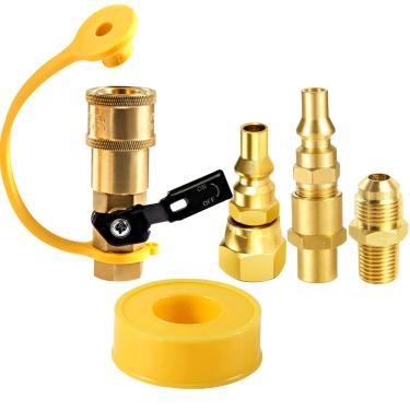 Imagem de MOFLAME Adaptador de conexão rápida de propano para churrasqueira a gás propano para área externa. Kit de conexão ou desconexão rápida de 3/8" a 1/4" - Válvula de desligamento e plugue de fluxo total - 100% latão sólido