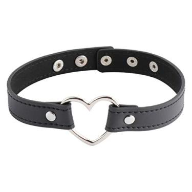 Imagem de Holibanna Gargantilha de couro preto vintage punk gótico colar curto ajustável em forma de coração colar de metal para mulheres e meninas