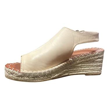Imagem de Sandálias femininas plataforma bico feminino linho tecido sandálias de salto plataforma cor sólida moda casual fivela de couro (bege, 8)