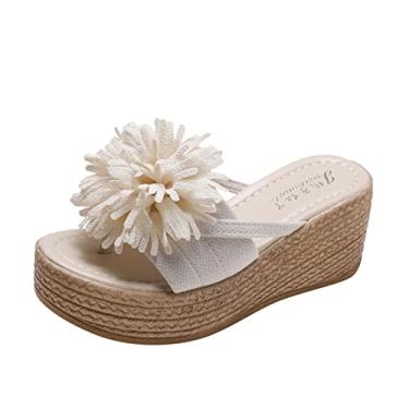 Imagem de Sandálias femininas plataforma chinelos sandálias flores salto grosso de primavera e parte inferior de tecido e mulheres (bege, 38)