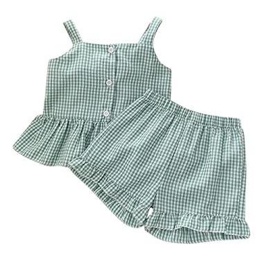 Imagem de Camiseta infantil infantil com babados, sem mangas, com alças xadrez, botão, shorts com laço, 2 peças, roupas para meninas adolescentes, Verde, 1-2 Anos