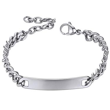 Imagem de Pulseira de Identificação Personalizada ChainsHouse para Homens e Mulheres Aço Inoxidável Cubano Curb Link Corrente Personalizada Engrave Bar Bracelete Bracelete, 7 mm Largura, 19-21