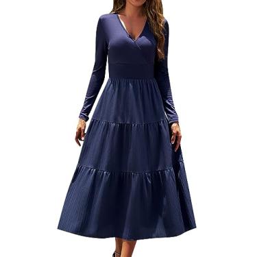 Imagem de UIFLQXX Vestido de coquetel feminino cor pura vestido longo maxi manga longa decote em V cintura alta vestido evasê, Azul, G